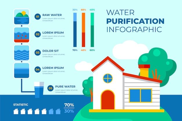 Vettore gratuito infografica per la purificazione dell'acqua piatta del settore