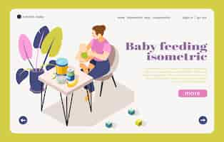 Vettore gratuito pagina di destinazione isometrica delle informazioni nutrizionali per l'assistenza all'infanzia con la madre che alimenta il bambino che sceglie l'illustrazione dei prodotti per bambini sani