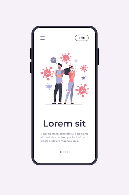 Зараженные люди в масках, страдающие тревожностью и симптомами коронавируса. мужчина и женщина чувствуют лихорадку, боль в голове и суставах. может использоваться для ухани, респираторных заболеваний, предупреждений