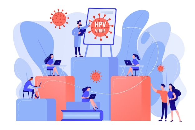 Vettore gratuito prevenzione delle infezioni e apprendimento del trattamento. programmi educativi hpv, corso educativo papillomavirus umano, concetto di consultazione online hpv. rosa corallo bluevector illustrazione vettoriale isolato