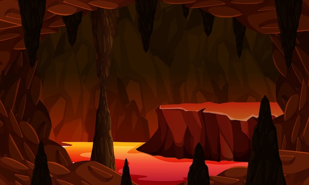 용암 장면이있는 지옥 불의 어두운 동굴