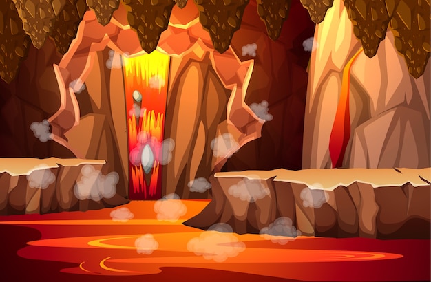 無料ベクター 溶岩シーンのある地獄の暗い洞窟