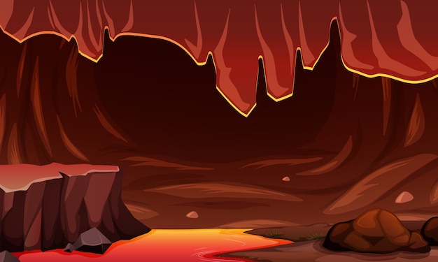 Vettore gratuito grotta oscura infernale con scena di lava
