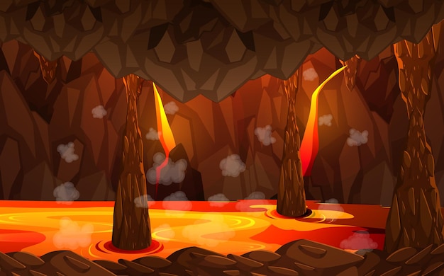 Infernal dark cave with lava scene