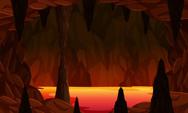 용암 장면이있는 지옥 불의 어두운 동굴
