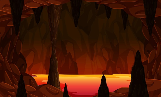 Infernal dark cave with lava scene