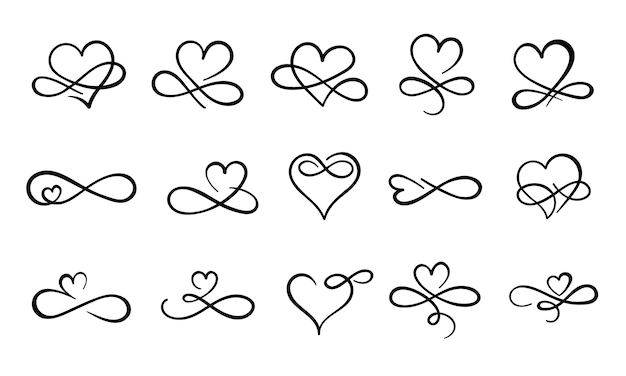 Infinity love flourish. Hand drawn heart decorative flourishes, love ornate tattoo design and infinity hearts