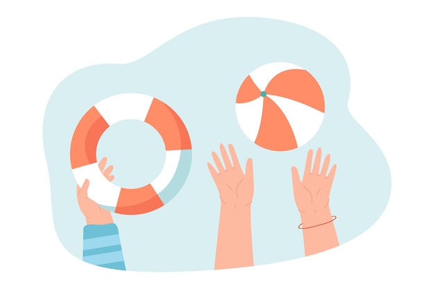 Free vector inflatable ball and life buoy in hands flat vector illustration. people getting ready for swimming, spending holiday at sea. summer, recreation, entertainment, leisure concept