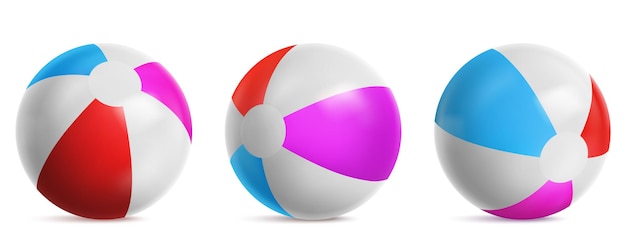 水、海またはプールで遊ぶための膨脹可能なビーチボール、縞模様の気球。白の背景に分離された青、赤、ピンク色の明るいゴム製ビーチボールの現実的なセットをベクトル