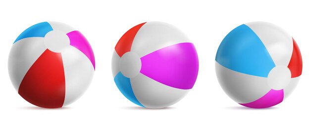 Надувной пляжный мяч, полосатый воздушный шар для игры в воде, море или бассейне. Векторный реалистичный набор ярких резиновых пляжных мячей с синим, красным и розовым цветами, изолированные на белом фоне