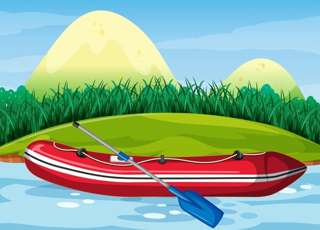 Free vector inflatable boat with paddle in nature scenery