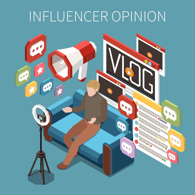 Influenza del concetto isometrico dell'opinion leader con l'influencer maschile che riprende l'illustrazione vettoriale 3d di vlog