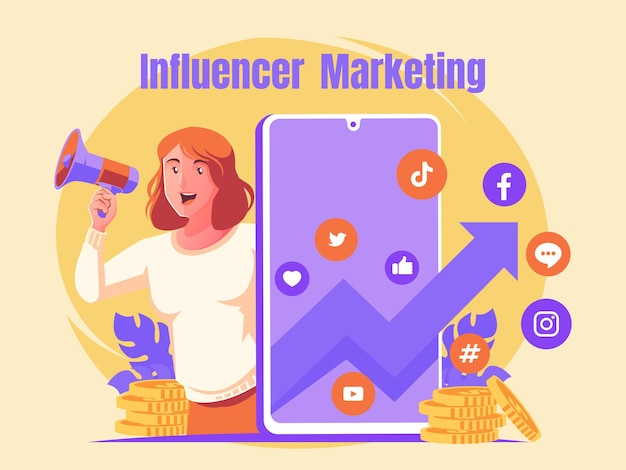Influencer marketing concept with woman holding megaphone with social media logo and arrow graphic