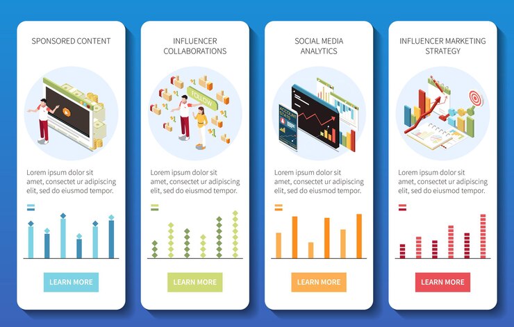 Free Vector influencer marketing set of vertical banners with isometric images of graphs bar charts people and pictograms vector illustration