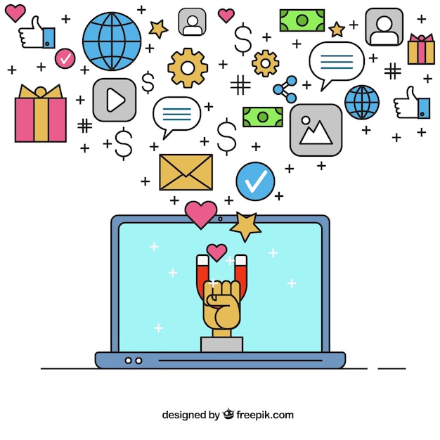 Influencer marketing vector with hand in computer holding magnet