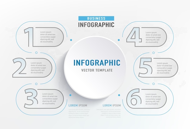 Infograph 6 단계 요소. 원형 그래픽 차트 다이어그램, 비즈니스 그래프 디자인.
