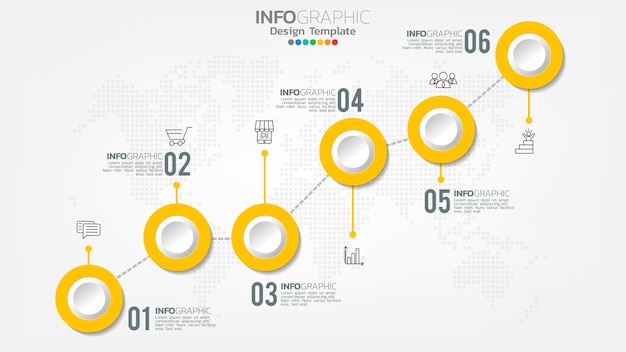 Infograph 단계 색상 요소에는 화살표, 차트 다이어그램, 비즈니스 온라인 마케팅 개념이 있습니다.