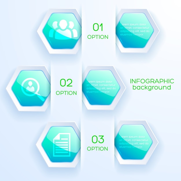 Business Icons and Glossy Turquoise Hexagons Vector Template