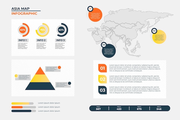 Инфографика карты азии в линейном дизайне