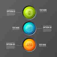 Free vector infographic business concept with three colorful round buttons connected with editable text paragraphs