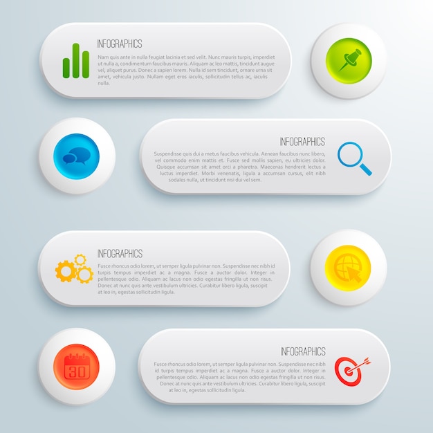 Modello concettuale di affari di infografica con il testo e le icone dei cerchi colorati delle bandiere grigie