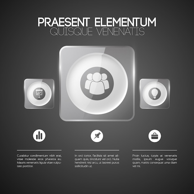 Бесплатное векторное изображение Инфографический бизнес-шаблон с тремя вариантами световых кругов в стеклянных квадратных рамах и значках
