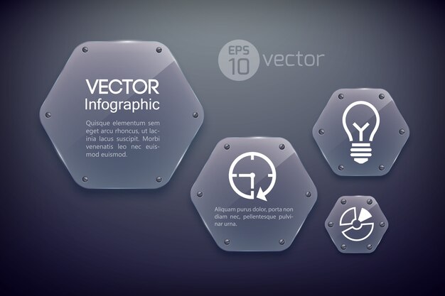 ビジネスアイコンとガラスの光沢のある六角形のインフォグラフィックデザインテンプレート