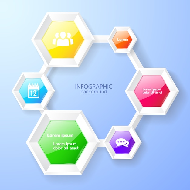 화려한 광택 6 각형 차트와 아이콘 Infographic 디자인 서식 파일