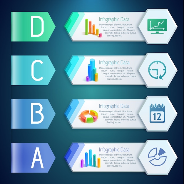 Vettore gratuito insegne digitali di infographic con le icone dei grafici dei grafici dei diagrammi del testo sull'illustrazione di quattro opzioni di esagoni