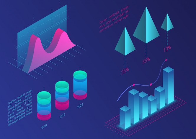 infographic isometric  graph elements. data and business financial diagrams graphs. statistic data. gradient color template for presentation, sales banner, income report design, website.