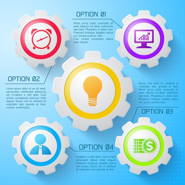 Infographic mechanism web concept with mechanical gears colorful icons four options on light blue illustration