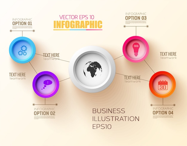 Concetto di design passo infografica con cerchi colorati e icone di affari