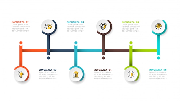 Хронология инфографики conept дизайн с маркетинговой иконы. бизнес-концепция с 6 шагов, варианты, процессы. векторная иллюстрация
