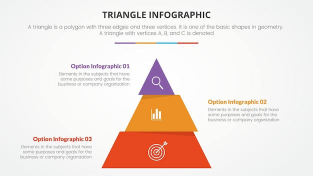 フラットピラミッドカットスタイルの3ポイントリストを使用したスライドプレゼンテーションのインフォグラフィックトライアングルコンセプト