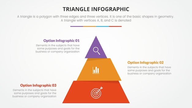 Концепция инфографического треугольника для презентации слайдов с 3-точечным списком в стиле плоской пирамиды