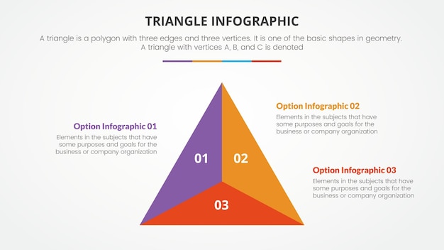 Concetto di triangolo infografico per la presentazione di diapositive con elenco a 3 punti con stile piatto