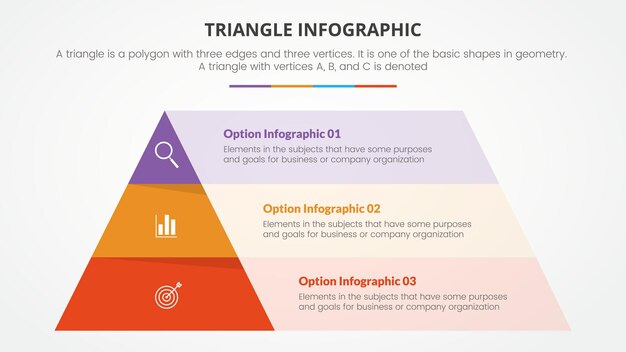 Концепция инфографического треугольника для презентации слайдов с 3-точечным списком в плоском стиле