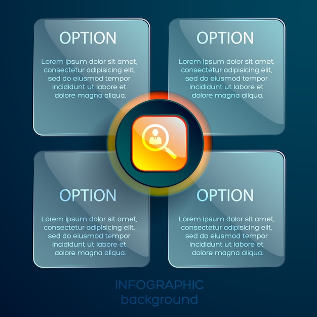 아이콘 오렌지 광택 요소와 격리 된 텍스트와 함께 4 개의 유리 광장 infographic 웹 템플릿