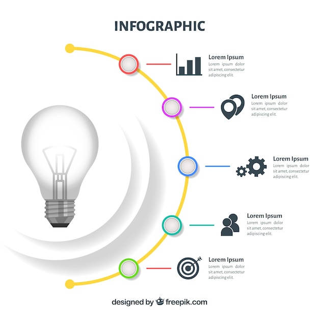 Infografica con una lampadina in design piatto