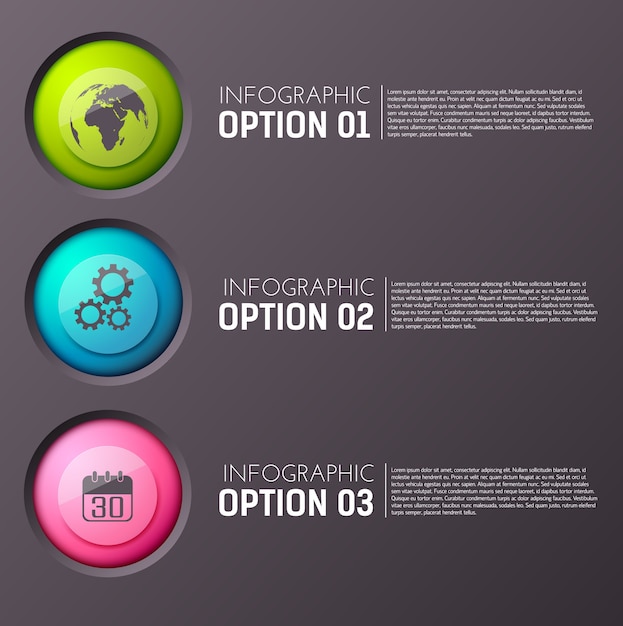 Vettore gratuito infografica con tre paragrafi di opzioni di testo modificabile e icona circolare appropriata