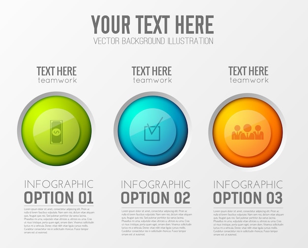 편집 가능한 텍스트의 세 가지 옵션 단락과 적절한 원 아이콘이있는 인포 그래픽