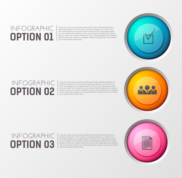 Infographic with three options paragraphs of editable text and appropriate circle icon