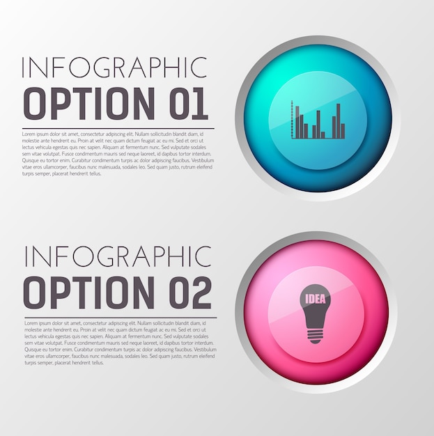 편집 가능한 텍스트의 두 가지 옵션 단락과 적절한 원 아이콘이있는 인포 그래픽