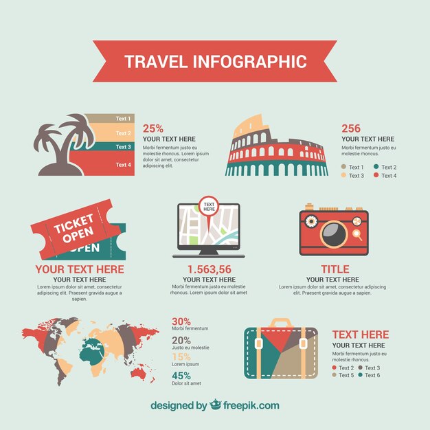 Infographics template with retro travel elements in flat design