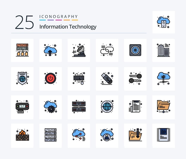 Vettore gratuito information technology 25 line filled icon pack che include la rete di raffreddamento del trasmettitore della ventola dell'infrastruttura