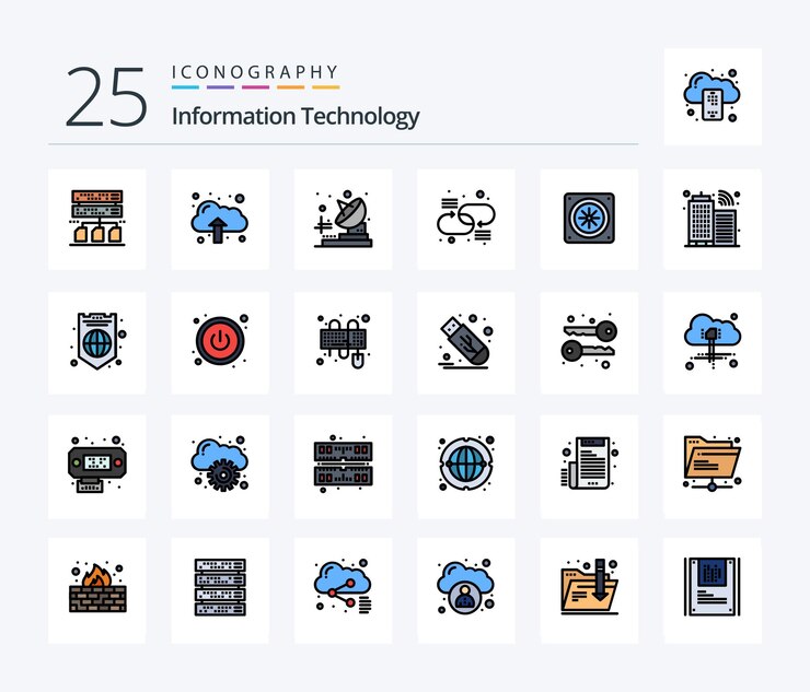 Free Vector information technology 25 line filled icon pack including infrastructure fan transmitter cooling network