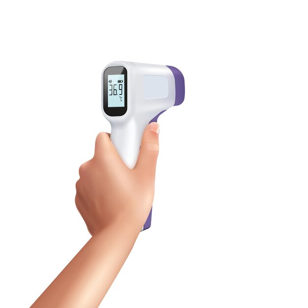 非接触温度計を保持している人間の手の孤立した画像と手の現実的な構成の赤外線温度計