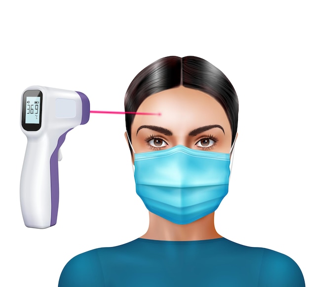 Infrared  thermometer  temperature  check  realistic  composition  with  female  character  in  mask  with  digital  thermometer  and  ray    illustration