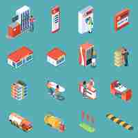 Free vector infrastructure of gas station and services for clients isometric icons isolated vector illustration