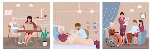 Free vector inheritance flat set with elderly people signing their last wish and testament isolated vector illustration